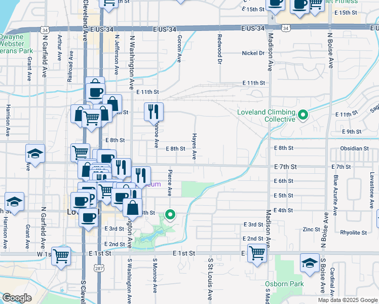 map of restaurants, bars, coffee shops, grocery stores, and more near 822 East 8th Street in Loveland