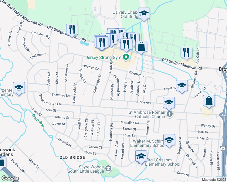 map of restaurants, bars, coffee shops, grocery stores, and more near 16 Heather Drive in Old Bridge Township
