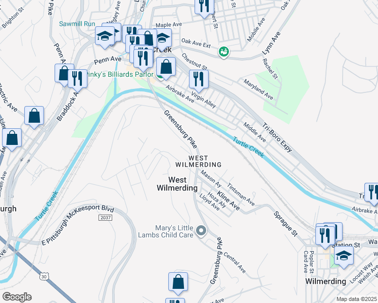 map of restaurants, bars, coffee shops, grocery stores, and more near 275 Greensburg Avenue in North Versailles