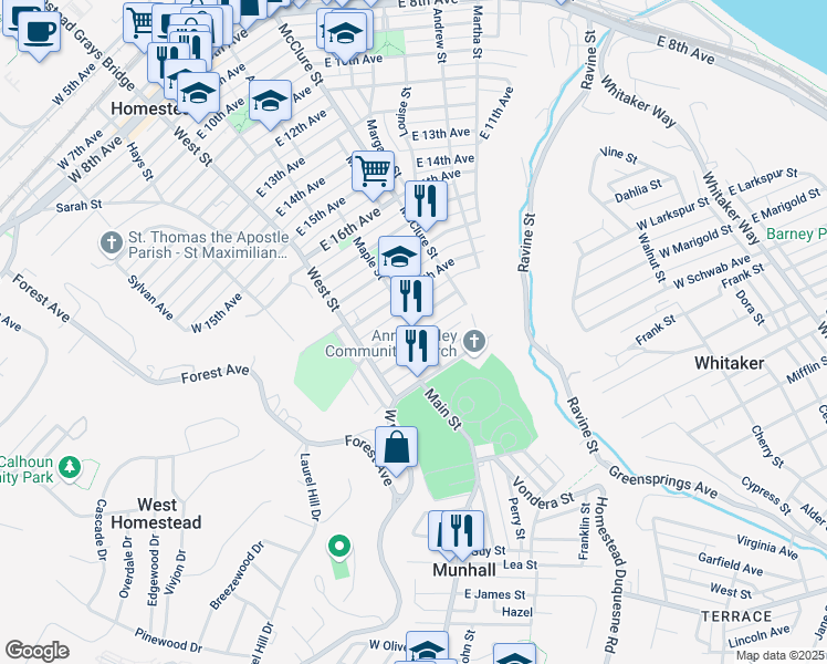 map of restaurants, bars, coffee shops, grocery stores, and more near 150 East 20th Avenue in Munhall