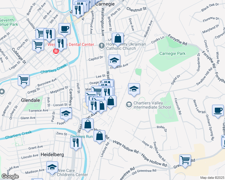map of restaurants, bars, coffee shops, grocery stores, and more near 311 Ross Avenue in Carnegie