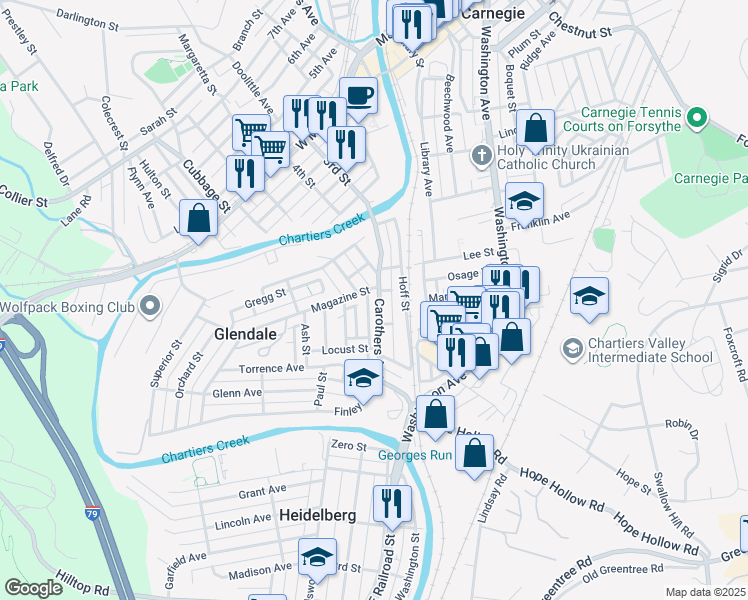 map of restaurants, bars, coffee shops, grocery stores, and more near 505 Carothers Avenue in Carnegie