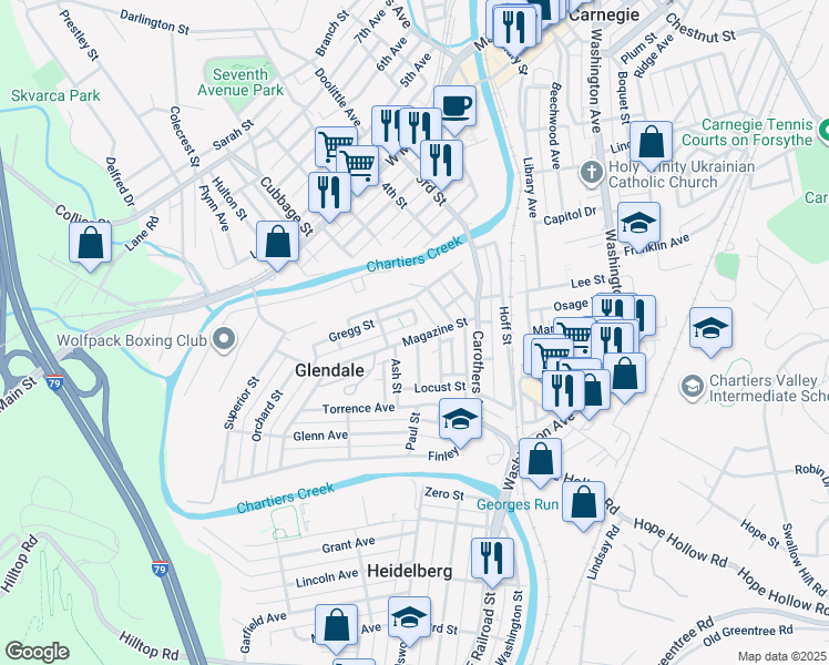 map of restaurants, bars, coffee shops, grocery stores, and more near 300 Magazine Street in Carnegie