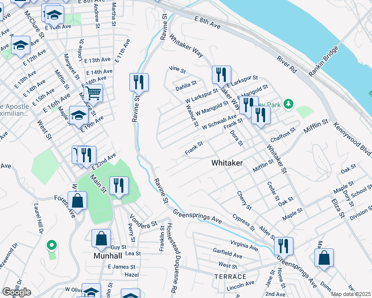 map of restaurants, bars, coffee shops, grocery stores, and more near 228 Frank Street in Homestead