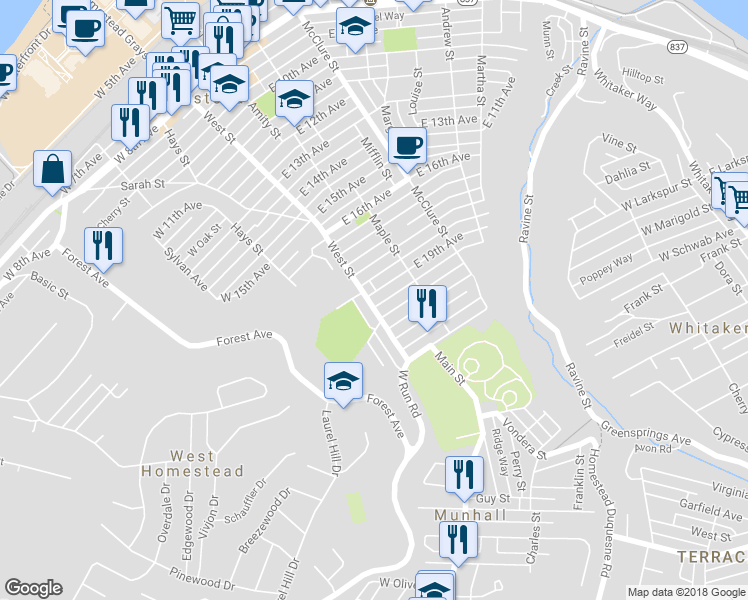 map of restaurants, bars, coffee shops, grocery stores, and more near 1903 West Street in Munhall