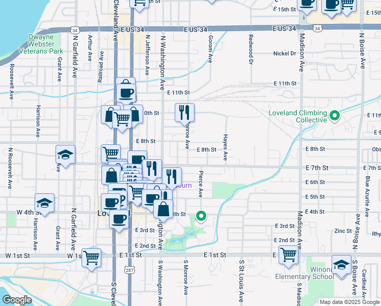 map of restaurants, bars, coffee shops, grocery stores, and more near 744 Monroe Avenue in Loveland