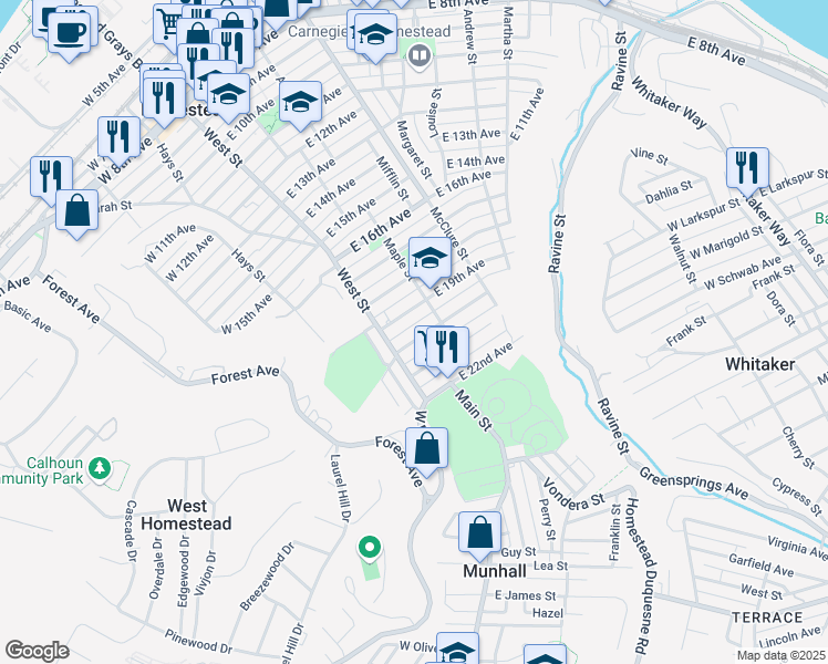map of restaurants, bars, coffee shops, grocery stores, and more near 125 East 20th Avenue in Munhall