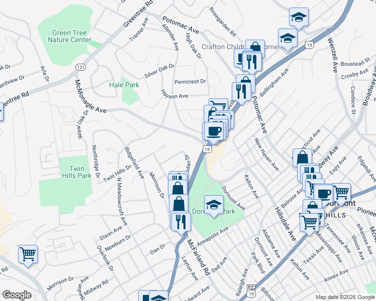 map of restaurants, bars, coffee shops, grocery stores, and more near 1766 Theodan Dr in Pittsburgh