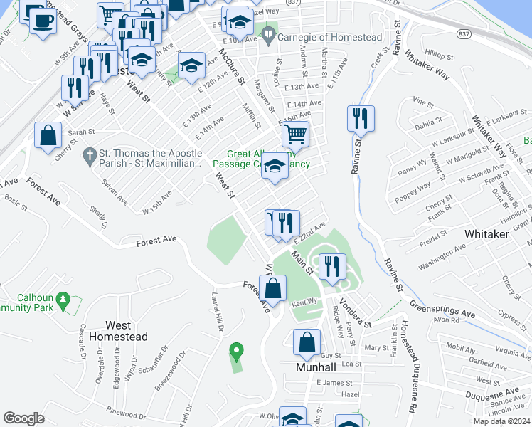 map of restaurants, bars, coffee shops, grocery stores, and more near 129 East 20th Avenue in Munhall