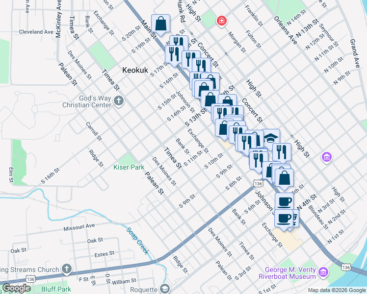 map of restaurants, bars, coffee shops, grocery stores, and more near 298 S 12th St in Keokuk