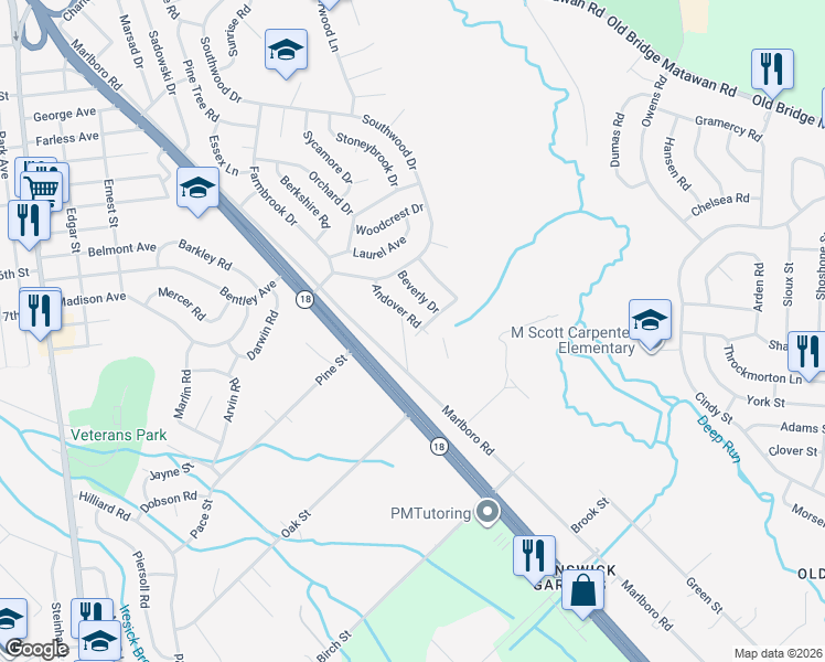 map of restaurants, bars, coffee shops, grocery stores, and more near 19 Huxley Drive in Old Bridge Township