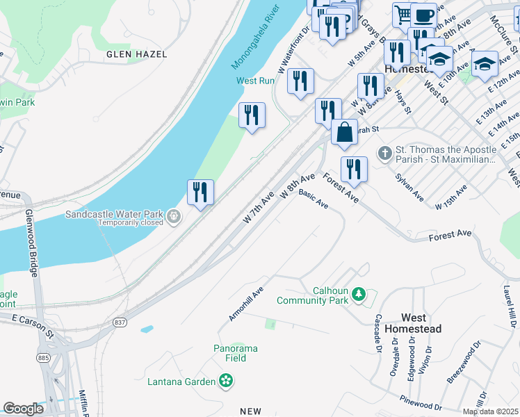 map of restaurants, bars, coffee shops, grocery stores, and more near 550 West 7th Avenue in West Homestead
