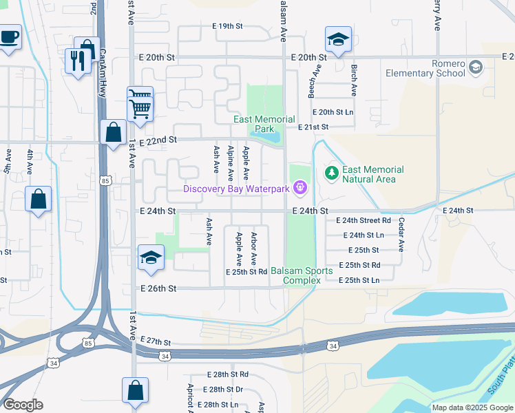 map of restaurants, bars, coffee shops, grocery stores, and more near 531 East 24th Street in Greeley