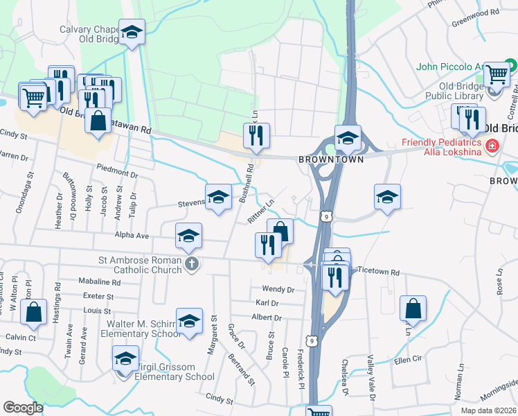 map of restaurants, bars, coffee shops, grocery stores, and more near 18 Rittner Lane in Old Bridge