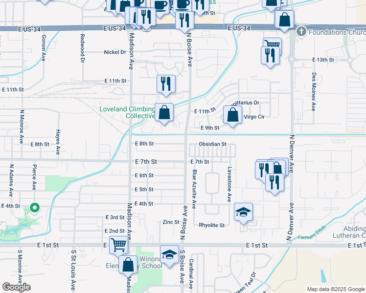 map of restaurants, bars, coffee shops, grocery stores, and more near 1578 East 8th Street in Loveland