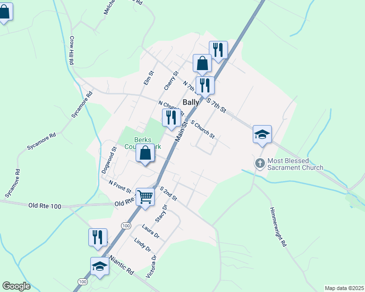 map of restaurants, bars, coffee shops, grocery stores, and more near 448 Main Street in Bally