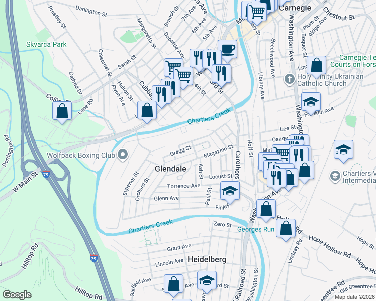 map of restaurants, bars, coffee shops, grocery stores, and more near 349 Gregg Street in Carnegie