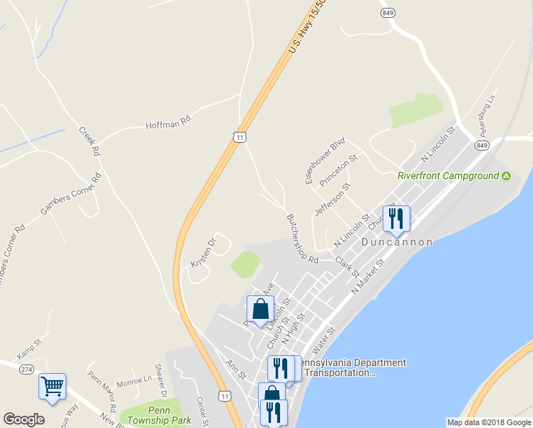 map of restaurants, bars, coffee shops, grocery stores, and more near 3 Pfautz Road in Duncannon