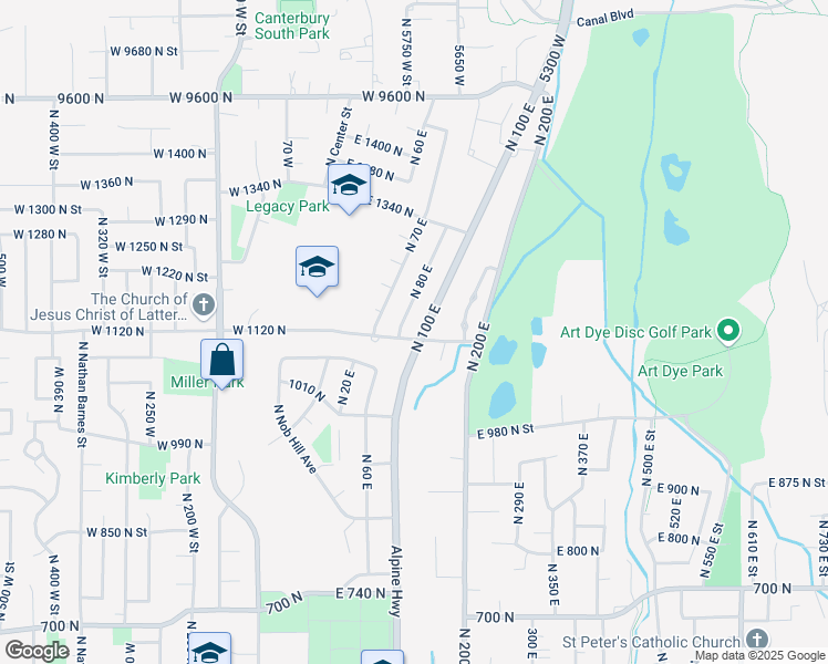 map of restaurants, bars, coffee shops, grocery stores, and more near 1125 North 100 East in American Fork