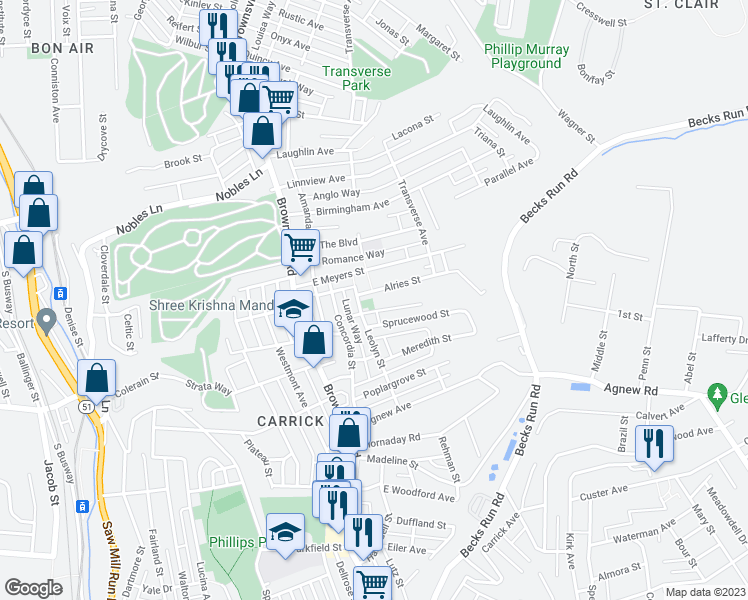 map of restaurants, bars, coffee shops, grocery stores, and more near 1623 Leolyn Street in Pittsburgh
