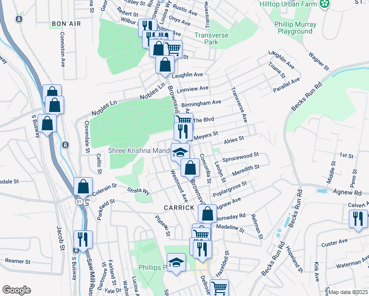 map of restaurants, bars, coffee shops, grocery stores, and more near 1607 Brownsville Road in Pittsburgh