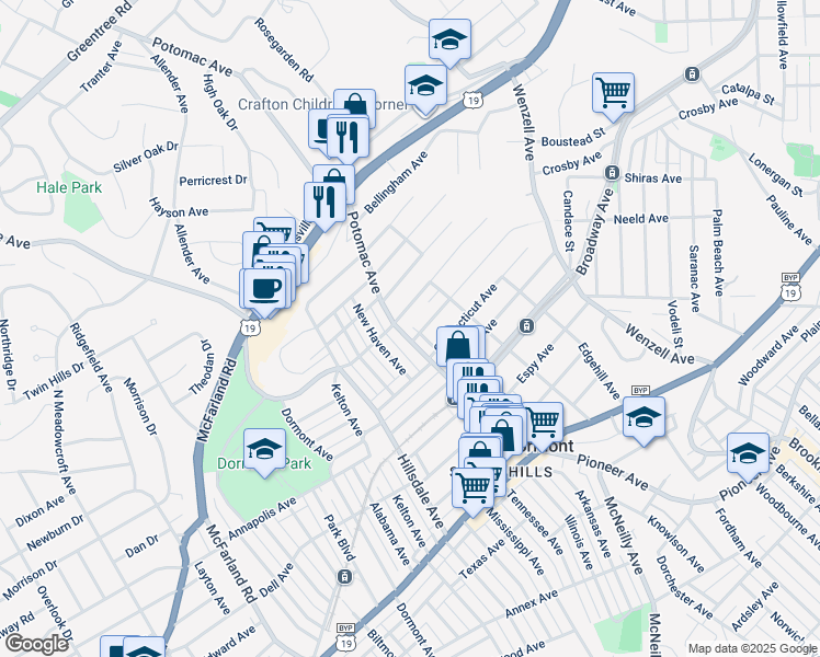 map of restaurants, bars, coffee shops, grocery stores, and more near 1700 Potomac Avenue in Pittsburgh