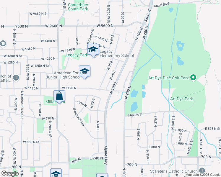 map of restaurants, bars, coffee shops, grocery stores, and more near 1125 N 100 E in American Fork