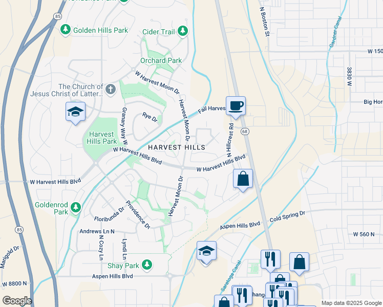 map of restaurants, bars, coffee shops, grocery stores, and more near North Harvest Village Lane in Saratoga Springs