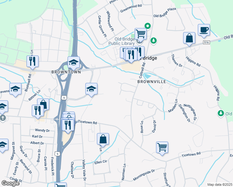 map of restaurants, bars, coffee shops, grocery stores, and more near 32 Lane Court in Old Bridge
