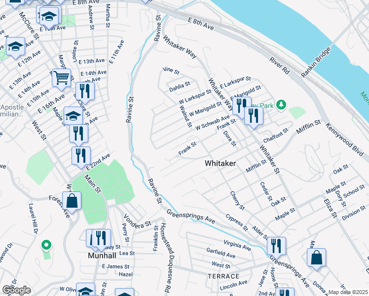 map of restaurants, bars, coffee shops, grocery stores, and more near 228 Frank Street in Homestead