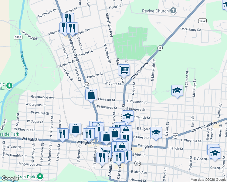 map of restaurants, bars, coffee shops, grocery stores, and more near 601 North Mulberry Street in Mount Vernon