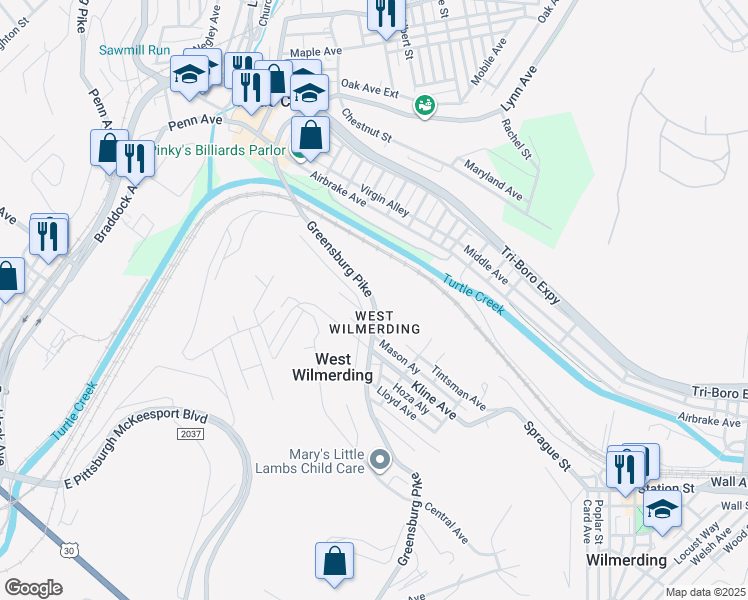 map of restaurants, bars, coffee shops, grocery stores, and more near 275 Greensburg Avenue in North Versailles