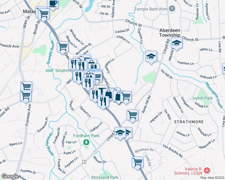 map of restaurants, bars, coffee shops, grocery stores, and more near 39 Cambridge Drive in Monmouth County