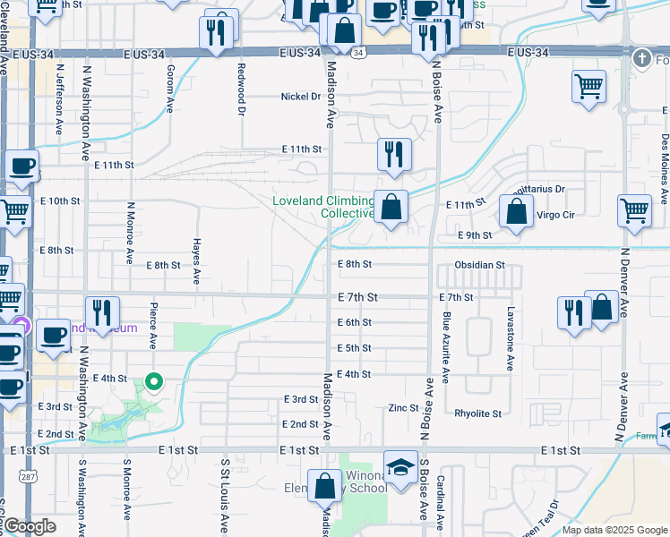 map of restaurants, bars, coffee shops, grocery stores, and more near 734 Madison Avenue in Loveland