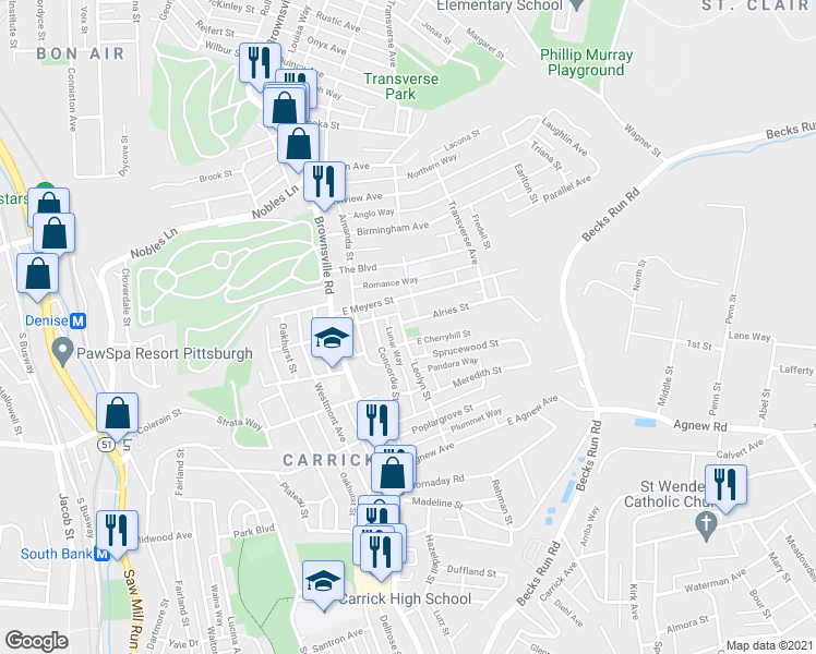 map of restaurants, bars, coffee shops, grocery stores, and more near 1623 Leolyn Street in Pittsburgh