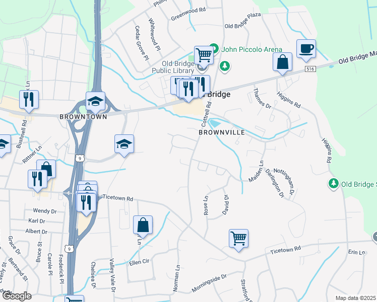 map of restaurants, bars, coffee shops, grocery stores, and more near 2 Lindsey Circle in Old Bridge