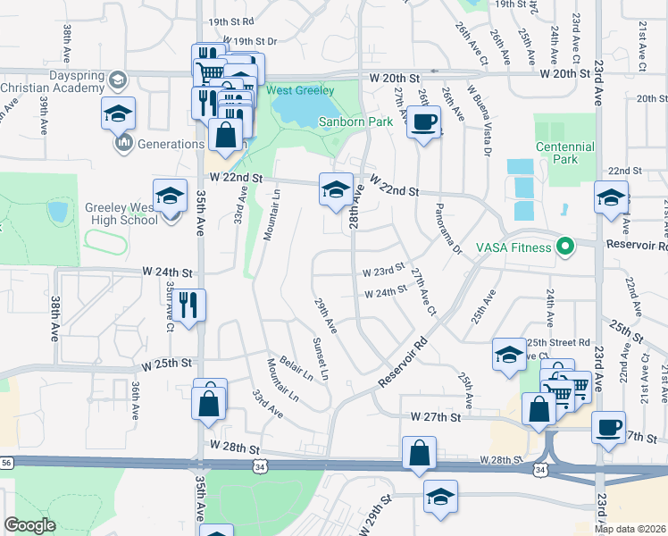 map of restaurants, bars, coffee shops, grocery stores, and more near 2823 W 23rd St in Greeley