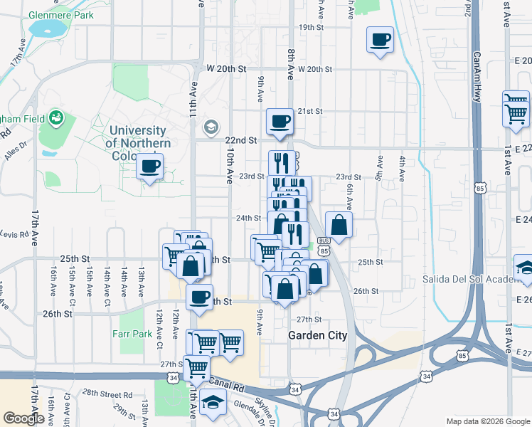 map of restaurants, bars, coffee shops, grocery stores, and more near 2344 9th Avenue in Greeley