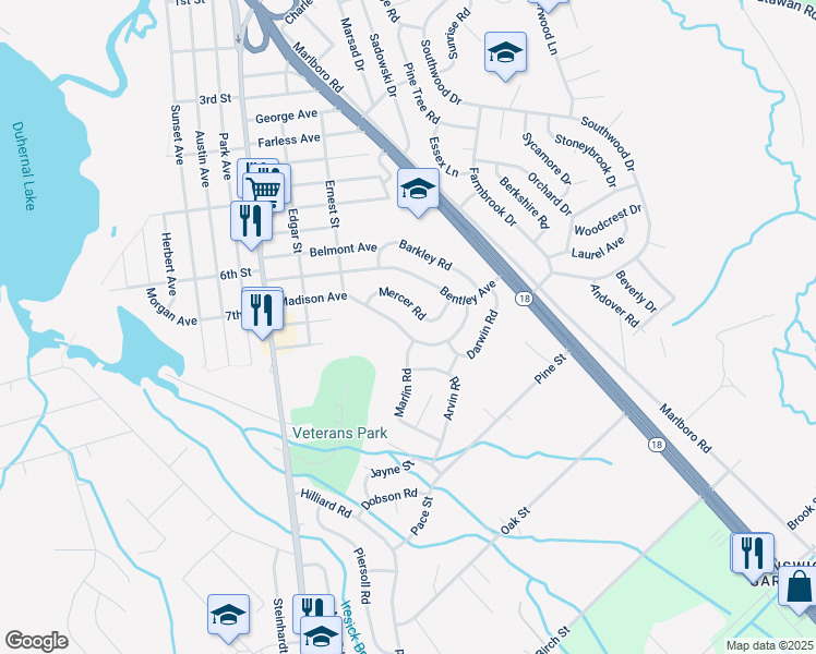map of restaurants, bars, coffee shops, grocery stores, and more near 90 Madison Avenue in Old Bridge
