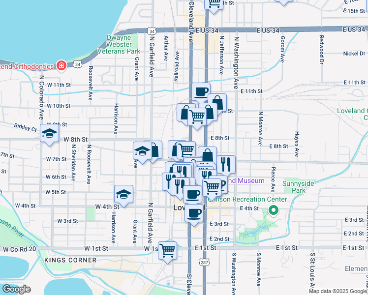 map of restaurants, bars, coffee shops, grocery stores, and more near 138 East 8th Street in Loveland