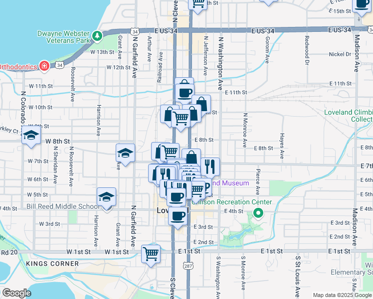 map of restaurants, bars, coffee shops, grocery stores, and more near 745 North Lincoln Avenue in Loveland