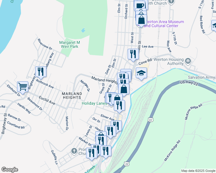 map of restaurants, bars, coffee shops, grocery stores, and more near 3625 Orchard Street in Weirton