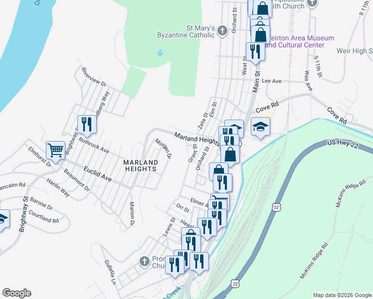 map of restaurants, bars, coffee shops, grocery stores, and more near 3625 Wood Street in Weirton