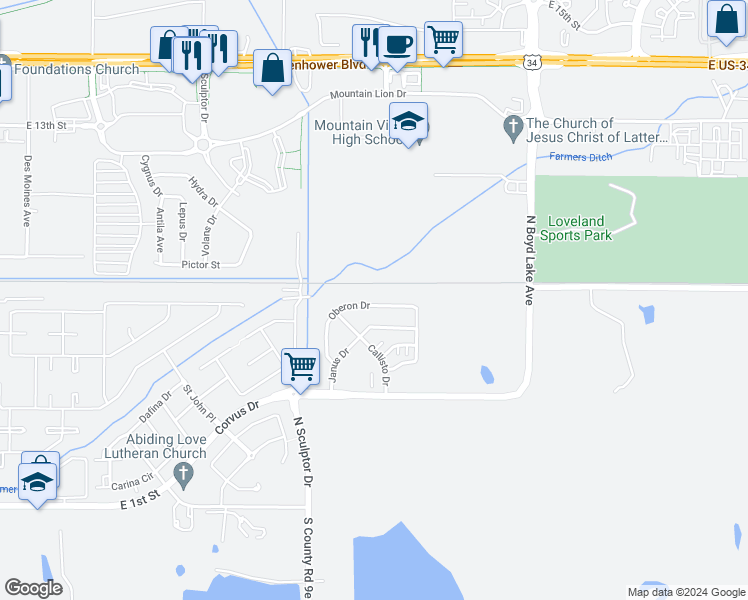 map of restaurants, bars, coffee shops, grocery stores, and more near 3449 Oberon Drive in Loveland