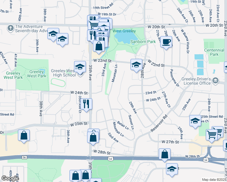map of restaurants, bars, coffee shops, grocery stores, and more near 2400 Mountair Lane in Greeley