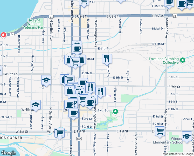 map of restaurants, bars, coffee shops, grocery stores, and more near in Loveland