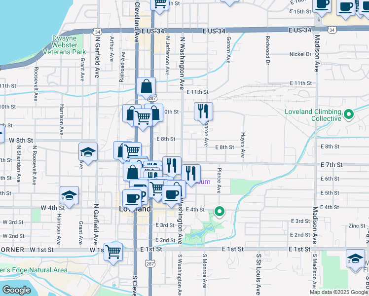 map of restaurants, bars, coffee shops, grocery stores, and more near 746 Washington Avenue in Loveland