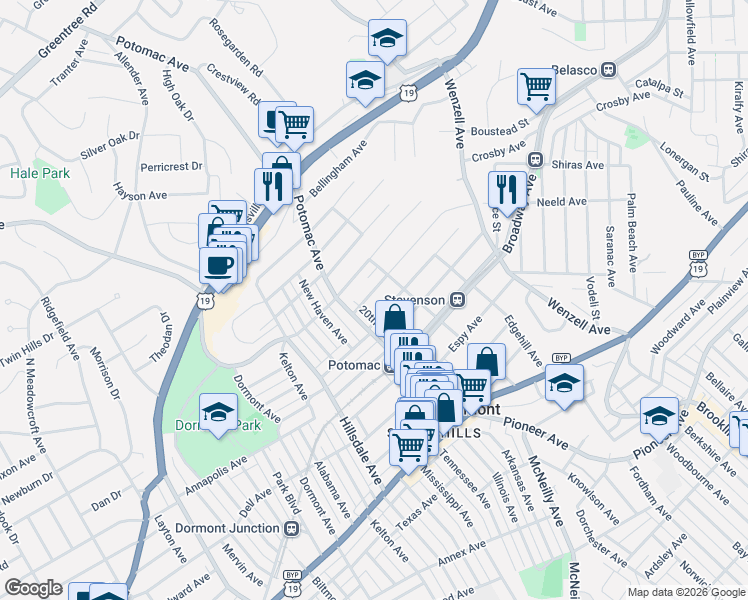 map of restaurants, bars, coffee shops, grocery stores, and more near 2823 Louisiana Avenue in Pittsburgh
