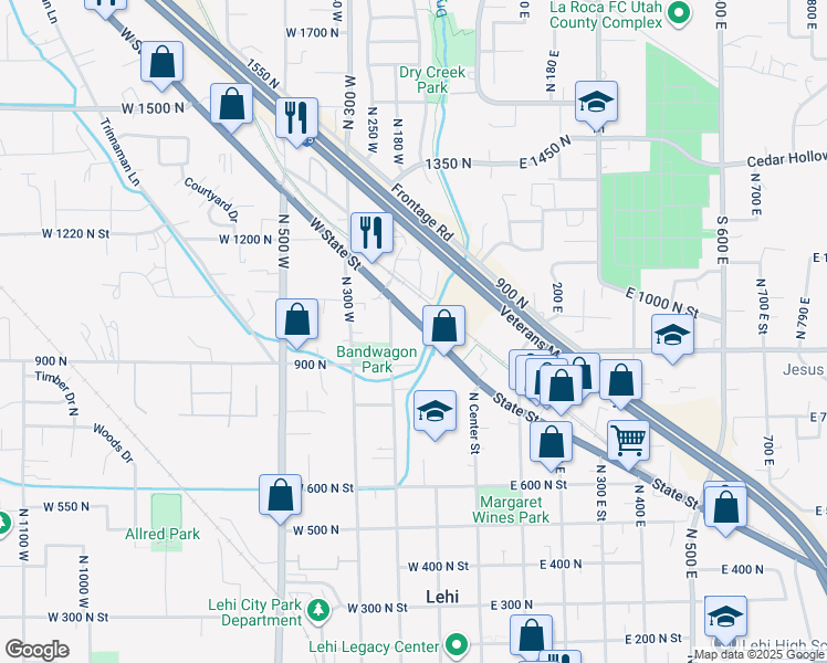 map of restaurants, bars, coffee shops, grocery stores, and more near 157 West State Road in Lehi