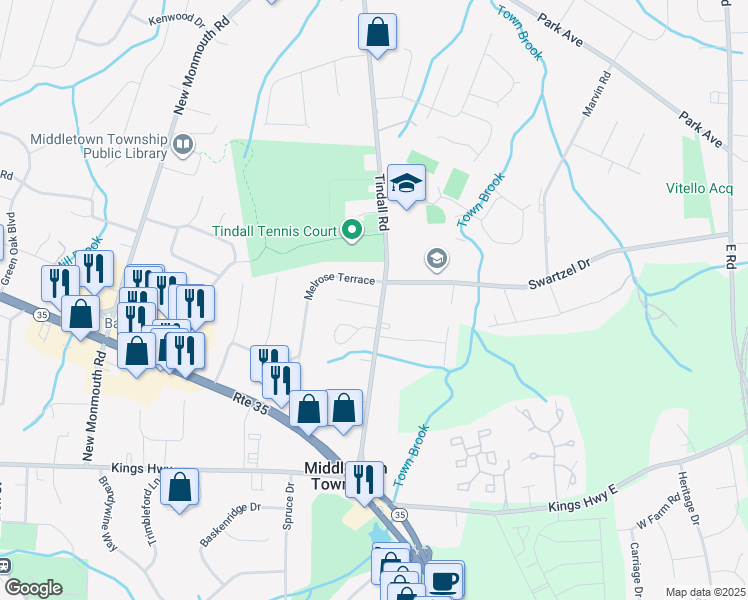 map of restaurants, bars, coffee shops, grocery stores, and more near 48 Tindall Road in Middletown